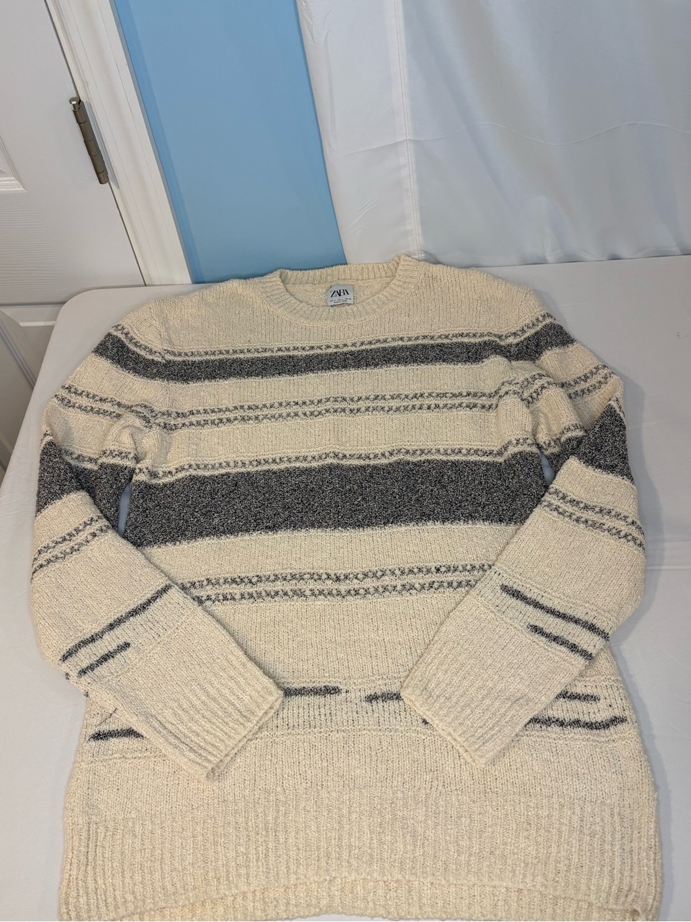 Zara Cream and Charcoal Striped Crewneck Sweater
